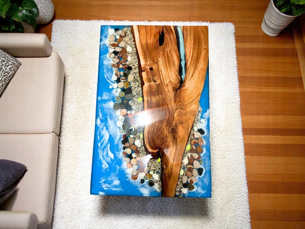 Clear Epoxy Resin Dining Table With Pebbles